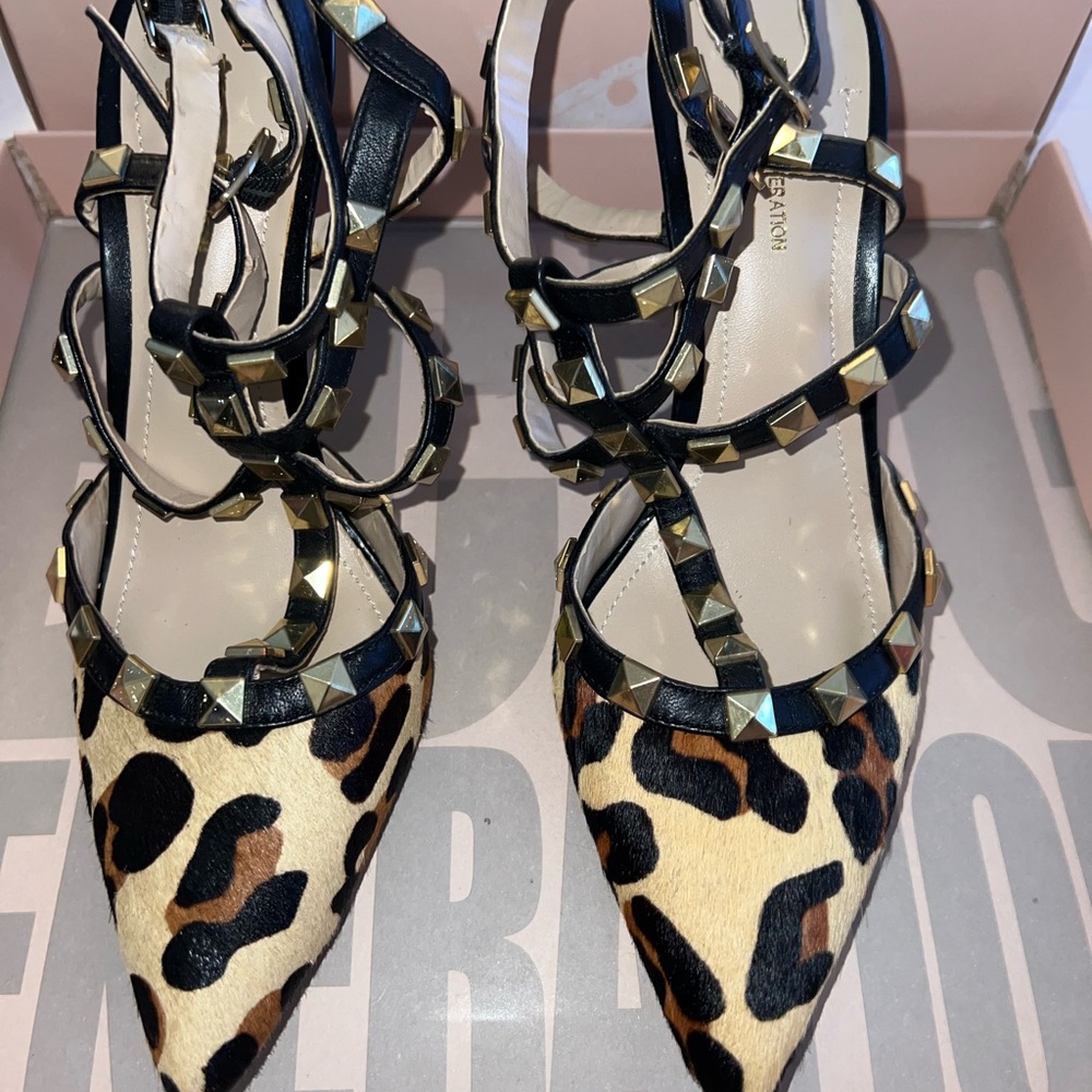 BCBGeneration Black and Leopard Studded Heels